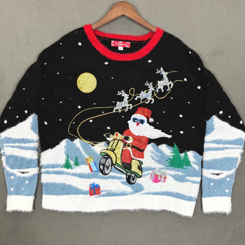 Santa Scooter Christmas Sweater Women XL Black 33 Degrees Sequin Reindeer Xmas